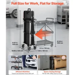 VEVOR Utility Cart, 300 lbs Capacity, 3 Tier Folding Service Cart with 360° Swivel Wheels (2 with Brakes), Heavy Duty Rolling with Trays & Side Tool Holder, Tool Storage for Garage Warehouse Workshop
