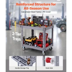 VEVOR Utility Cart, 550 lbs Capacity, 2 Tier Service Cart with 360° Swivel & Fixed Wheels (2 with Brakes), Heavy Duty Plastic Rolling with Storage Tray, Tool Storage for Garage Warehouse Workshop Gray