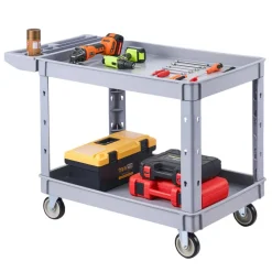 VEVOR Utility Cart, 550 lbs Capacity, 2 Tier Service Cart with 360° Swivel & Fixed Wheels (2 with Brakes), Heavy Duty Plastic Rolling with Storage Tray, Tool Storage for Garage Warehouse Workshop Gray