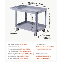 VEVOR Utility Cart, 550 lbs Capacity, 2 Tier Service Cart with 360° Swivel & Fixed Wheels (2 with Brakes), Heavy Duty Plastic Rolling with Storage Tray, Tool Storage for Garage Warehouse Workshop Gray