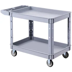 VEVOR Utility Cart, 550 lbs Capacity, 2 Tier Service Cart with 360° Swivel & Fixed Wheels (2 with Brakes), Heavy Duty Plastic Rolling with Storage Tray, Tool Storage for Garage Warehouse Workshop Gray