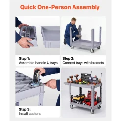 VEVOR Utility Cart, 550 lbs Capacity, 2 Tier Service Cart with 360° Swivel & Fixed Wheels (2 with Brakes), Heavy Duty Plastic Rolling with Storage Tray, Tool Storage for Garage Warehouse Workshop Gray