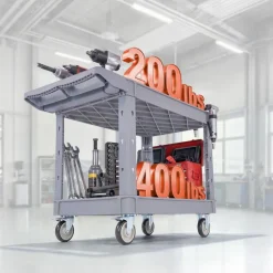 VEVOR Utility Cart, 550 lbs Capacity, 2 Tier Service Cart with 360° Swivel & Fixed Wheels (2 with Brakes), Heavy Duty Plastic Rolling with Storage Tray, Tool Storage for Garage Warehouse Workshop Gray