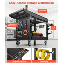 VEVOR Utility Cart, 550 lbs Capacity, 2 Tier Service Cart with 360° Swivel & Fixed Wheels (2 with Brakes), Heavy Duty Plastic Rolling with Tray and Pegboard, Tool Storage for Garage Warehouse, Black
