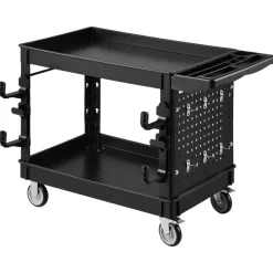 VEVOR Utility Cart, 550 lbs Capacity, 2 Tier Service Cart with 360° Swivel & Fixed Wheels (2 with Brakes), Heavy Duty Plastic Rolling with Tray and Pegboard, Tool Storage for Garage Warehouse, Black
