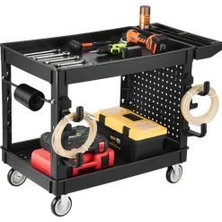 VEVOR Utility Cart, 550 lbs Capacity, 2 Tier Service Cart with 360° Swivel & Fixed Wheels (2 with Brakes), Heavy Duty Plastic Rolling with Tray and Pegboard, Tool Storage for Garage Warehouse, Black