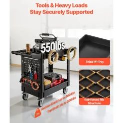 VEVOR Utility Cart, 550 lbs Capacity, 2 Tier Service Cart with 360° Swivel & Fixed Wheels (2 with Brakes), Heavy Duty Plastic Rolling with Tray and Pegboard, Tool Storage for Garage Warehouse Workshop