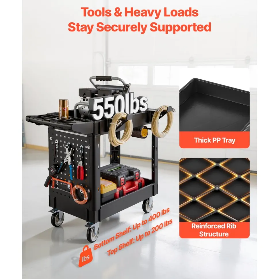 VEVOR Utility Cart, 550 lbs Capacity, 2 Tier Service Cart with 360° Swivel & Fixed Wheels (2 with Brakes), Heavy Duty Plastic Rolling with Tray and Pegboard, Tool Storage for Garage Warehouse Workshop