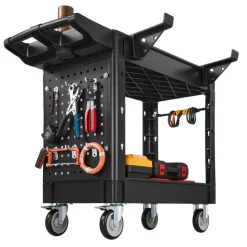 VEVOR Utility Cart, 550 lbs Capacity, 2 Tier Service Cart with 360° Swivel & Fixed Wheels (2 with Brakes), Heavy Duty Plastic Rolling with Tray and Pegboard, Tool Storage for Garage Warehouse Workshop