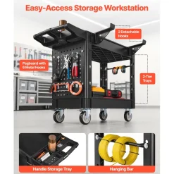 VEVOR Utility Cart, 550 lbs Capacity, 2 Tier Service Cart with 360° Swivel & Fixed Wheels (2 with Brakes), Heavy Duty Plastic Rolling with Tray and Pegboard, Tool Storage for Garage Warehouse Workshop