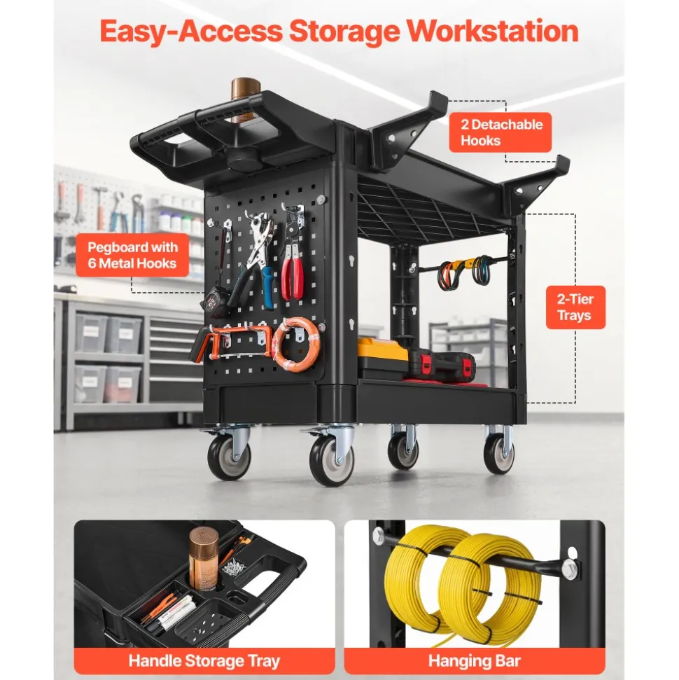 VEVOR Utility Cart, 550 lbs Capacity, 2 Tier Service Cart with 360° Swivel & Fixed Wheels (2 with Brakes), Heavy Duty Plastic Rolling with Tray and Pegboard, Tool Storage for Garage Warehouse Workshop