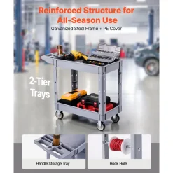 VEVOR Utility Cart, 550 lbs Capacity, 2 Tier Service Cart with 360° Swivel & Fixed Wheels (2 with Brakes), Heavy Duty Plastic Rolling with Storage Tray, Tool Storage for Garage Warehouse Workshop