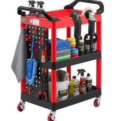 VEVOR Utility Cart, 300 lbs Capacity, 3 Tier Service Cart with 360° Swivel Wheels (2 with Brakes), Heavy Duty Plastic Rolling with Trays and Pegboards, Tool Storage for Garage, Warehouse & Repair Shop