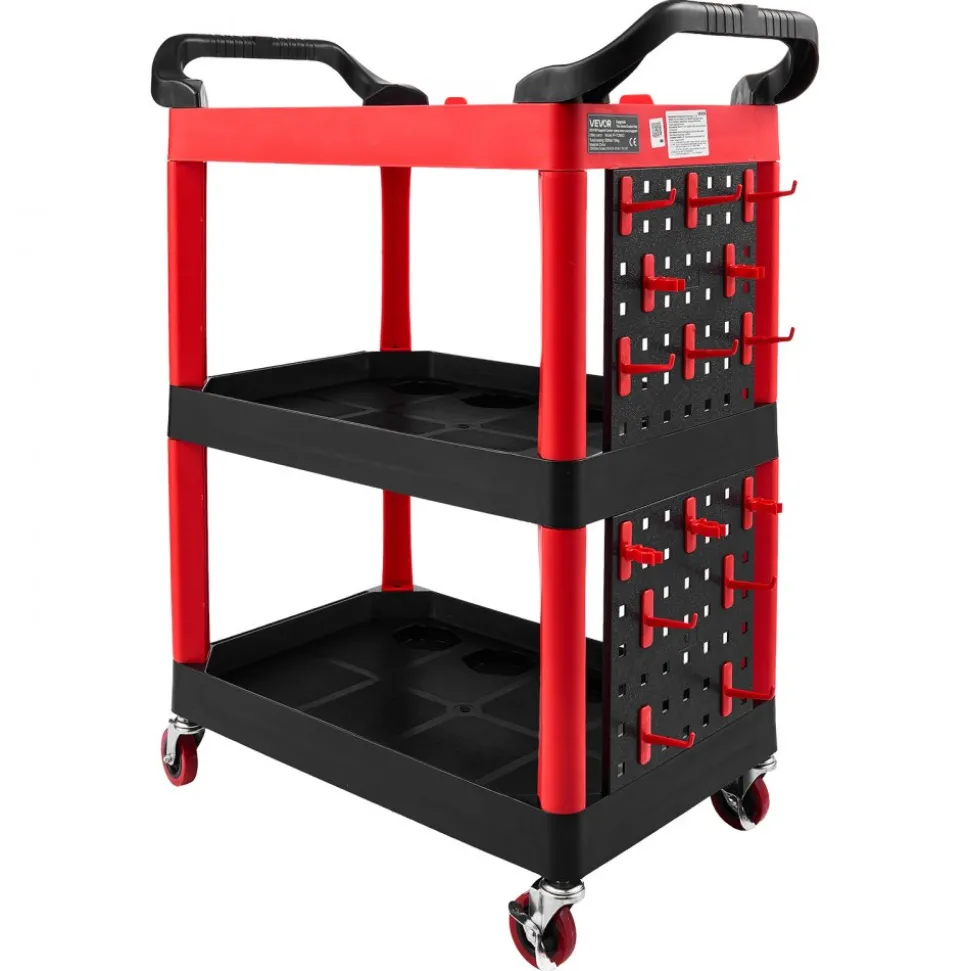 VEVOR Utility Cart, 300 lbs Capacity, 3 Tier Service Cart with 360° Swivel Wheels (2 with Brakes), Heavy Duty Plastic Rolling with Trays and Pegboards, Tool Storage for Garage, Warehouse & Repair Shop