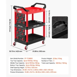 VEVOR Utility Cart, 300 lbs Capacity, 3 Tier Service Cart with 360° Swivel Wheels (2 with Brakes), Heavy Duty Plastic Rolling with Trays and Pegboards, Tool Storage for Garage, Warehouse & Repair Shop