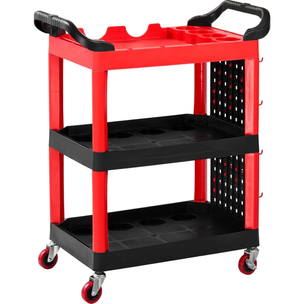 VEVOR Utility Cart, 300 lbs Capacity, 3 Tier Service Cart with 360° Swivel Wheels (2 with Brakes), Heavy Duty Plastic Rolling with Trays and Pegboards, Tool Storage for Garage, Warehouse & Repair Shop
