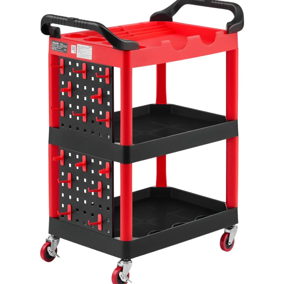 VEVOR Utility Cart, 300 lbs Capacity, 3 Tier Service Cart with 360° Swivel Wheels (2 with Brakes), Heavy Duty Plastic Rolling with Trays and Pegboards, Tool Storage for Garage, Warehouse & Repair Shop