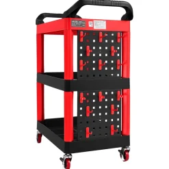 VEVOR Utility Cart, 300 lbs Capacity, 3 Tier Service Cart with 360° Swivel Wheels (2 with Brakes), Heavy Duty Plastic Rolling with Trays and Pegboards, Tool Storage for Garage, Warehouse & Repair Shop