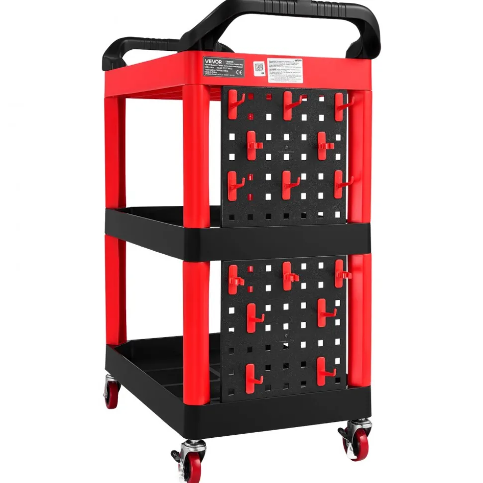 VEVOR Utility Cart, 300 lbs Capacity, 3 Tier Service Cart with 360° Swivel Wheels (2 with Brakes), Heavy Duty Plastic Rolling with Trays and Pegboards, Tool Storage for Garage, Warehouse & Repair Shop