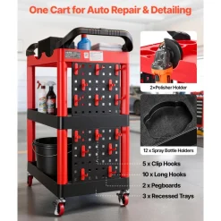 VEVOR Utility Cart, 300 lbs Capacity, 3 Tier Service Cart with 360° Swivel Wheels (2 with Brakes), Heavy Duty Plastic Rolling with Trays and Pegboards, Tool Storage for Garage, Warehouse & Repair Shop