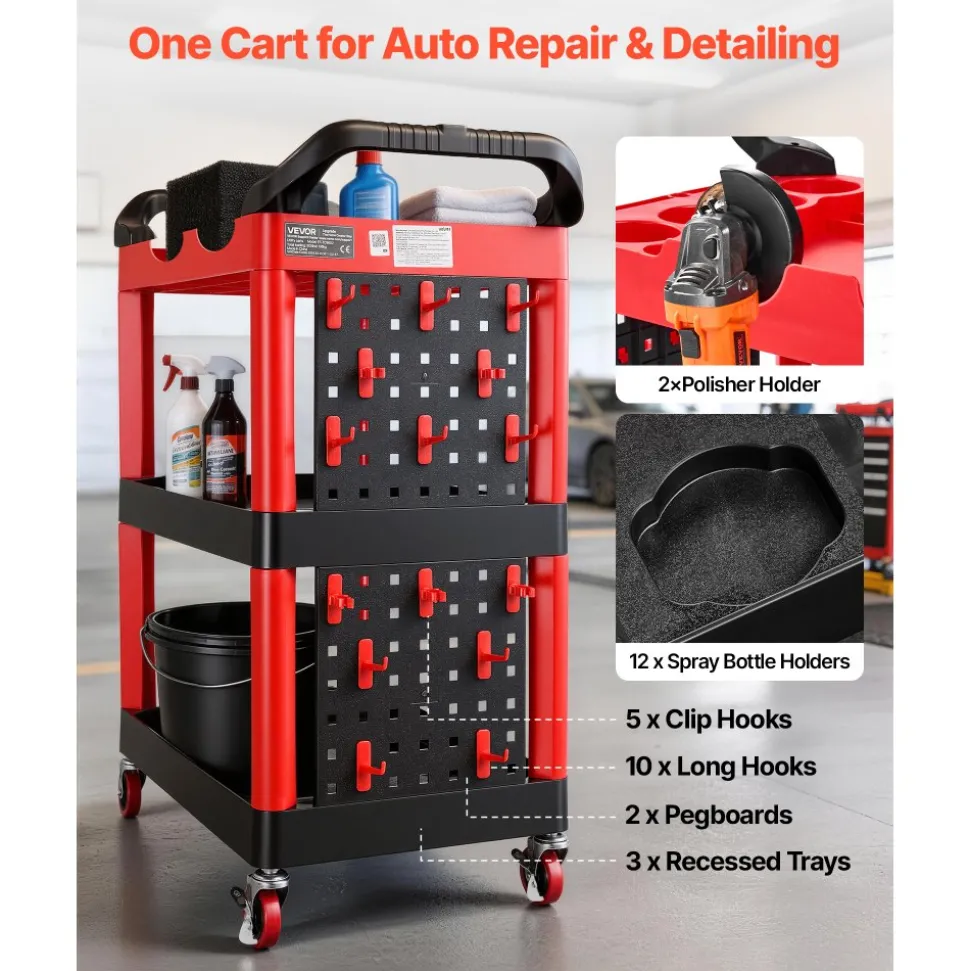 VEVOR Utility Cart, 300 lbs Capacity, 3 Tier Service Cart with 360° Swivel Wheels (2 with Brakes), Heavy Duty Plastic Rolling with Trays and Pegboards, Tool Storage for Garage, Warehouse & Repair Shop