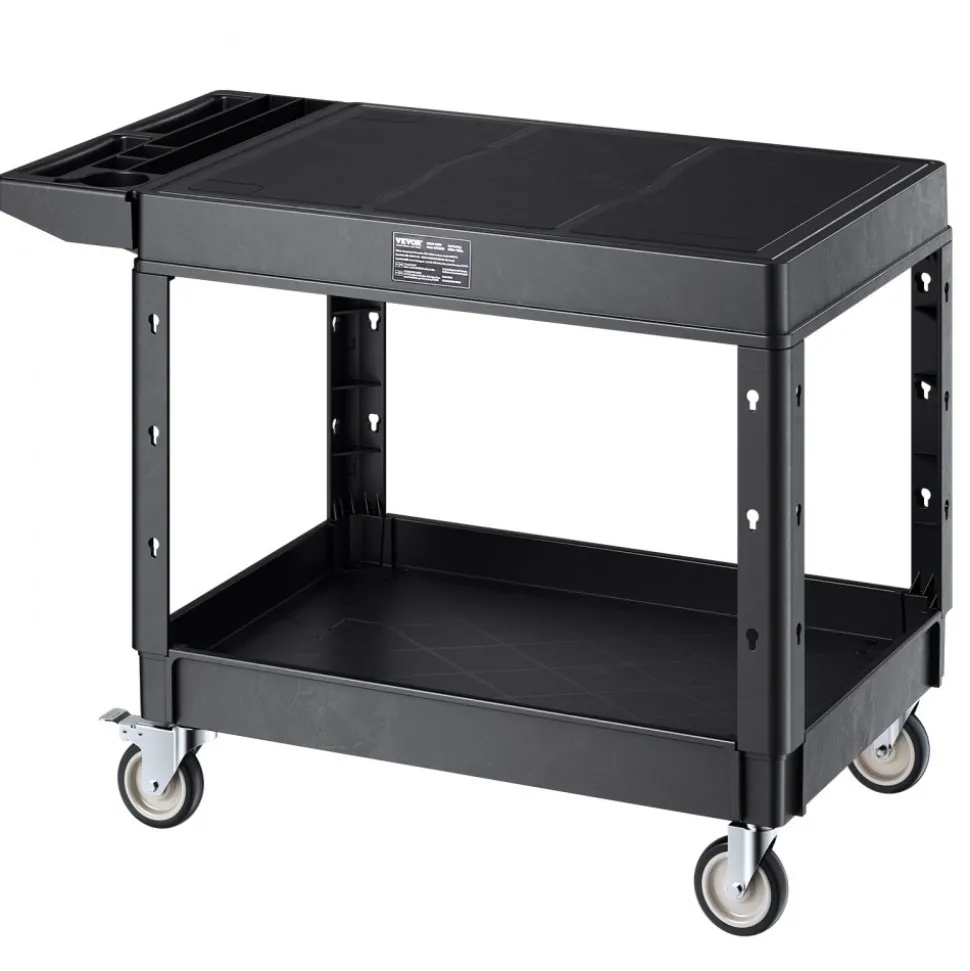 VEVOR Utility Cart, 550 lbs Load Capacity, 37 x 25.4-inch Service Cart, Two-Shelf Heavy Duty Plastic Utility Cart with 360° Swivel Wheels (2 with Brakes), Suitable for Warehouse, Garage, Cleaning