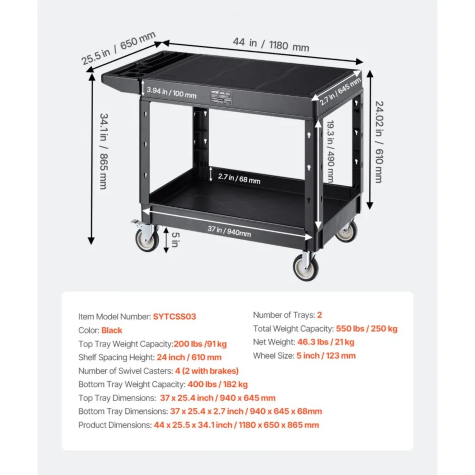VEVOR Utility Cart, 550 lbs Load Capacity, 37 x 25.4-inch Service Cart, Two-Shelf Heavy Duty Plastic Utility Cart with 360° Swivel Wheels (2 with Brakes), Suitable for Warehouse, Garage, Cleaning