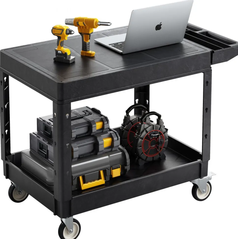 VEVOR Utility Cart, 550 lbs Load Capacity, 37 x 25.4-inch Service Cart, Two-Shelf Heavy Duty Plastic Utility Cart with 360° Swivel Wheels (2 with Brakes), Suitable for Warehouse, Garage, Cleaning