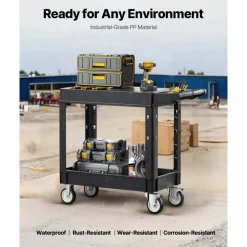 VEVOR Utility Cart, 550 lbs Load Capacity, 31.3 x 17.7-inch Service Cart, Two-Shelf Heavy Duty Plastic Utility Cart with 360° Swivel Wheels (2 with Brakes), Suitable for Warehouse, Garage, Cleaning