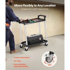 VEVOR Utility Cart, 300 lbs Load Capacity, 2-tier Utility Plastic Cart with 360° Swivel Wheels (2 with Brakes), 24.4 x 16.1-inch Food Service Cart for Warehouse, Office, Home, Restaurant, Kitchen
