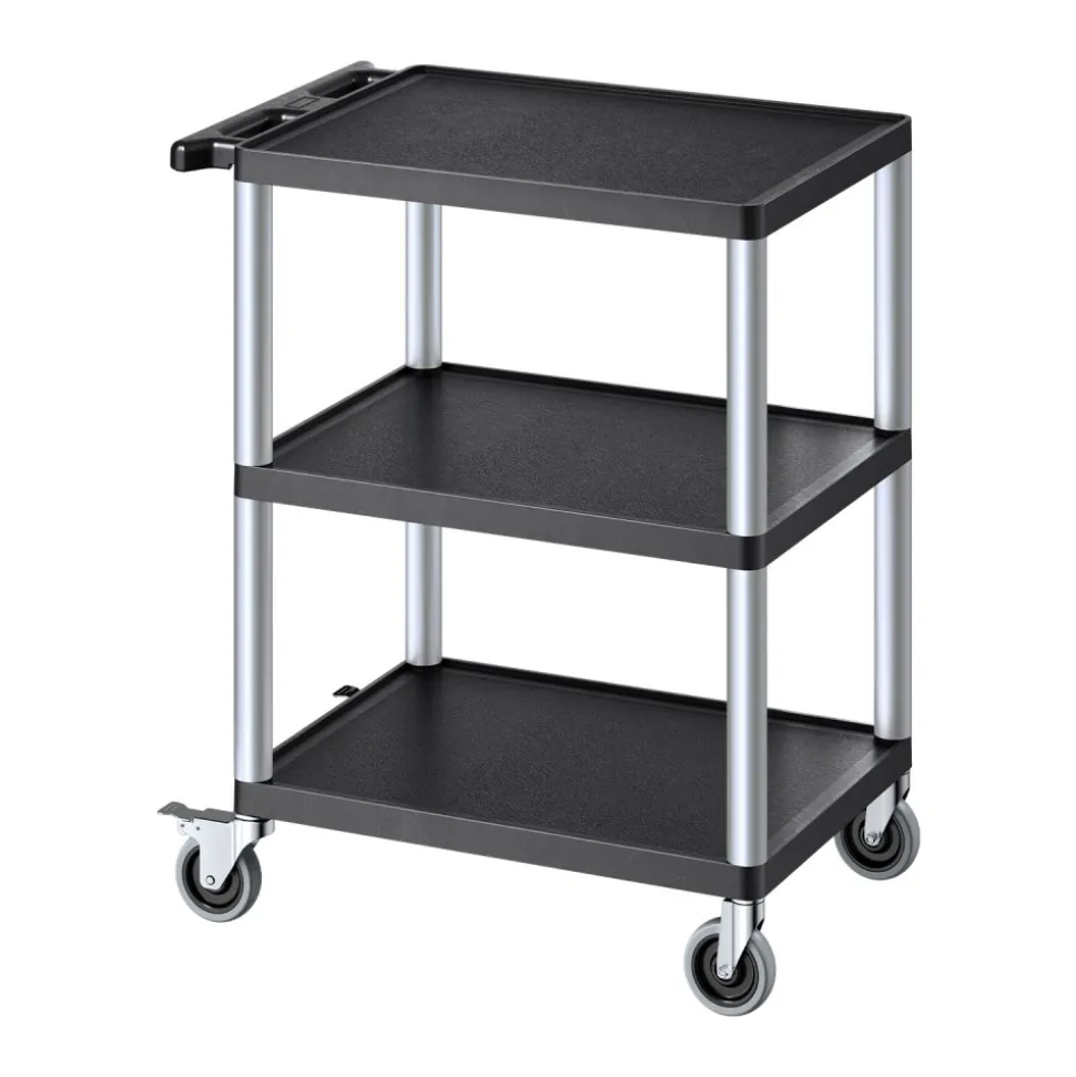 VEVOR Utility Cart, 300 lbs Load Capacity, 27.6 x 18.1-inch Service Cart, Three-Shelf Heavy Duty Plastic Utility Cart with 360° Swivel Wheels (2 with Brakes), Suitable for Warehouse, Garage, Cleaning