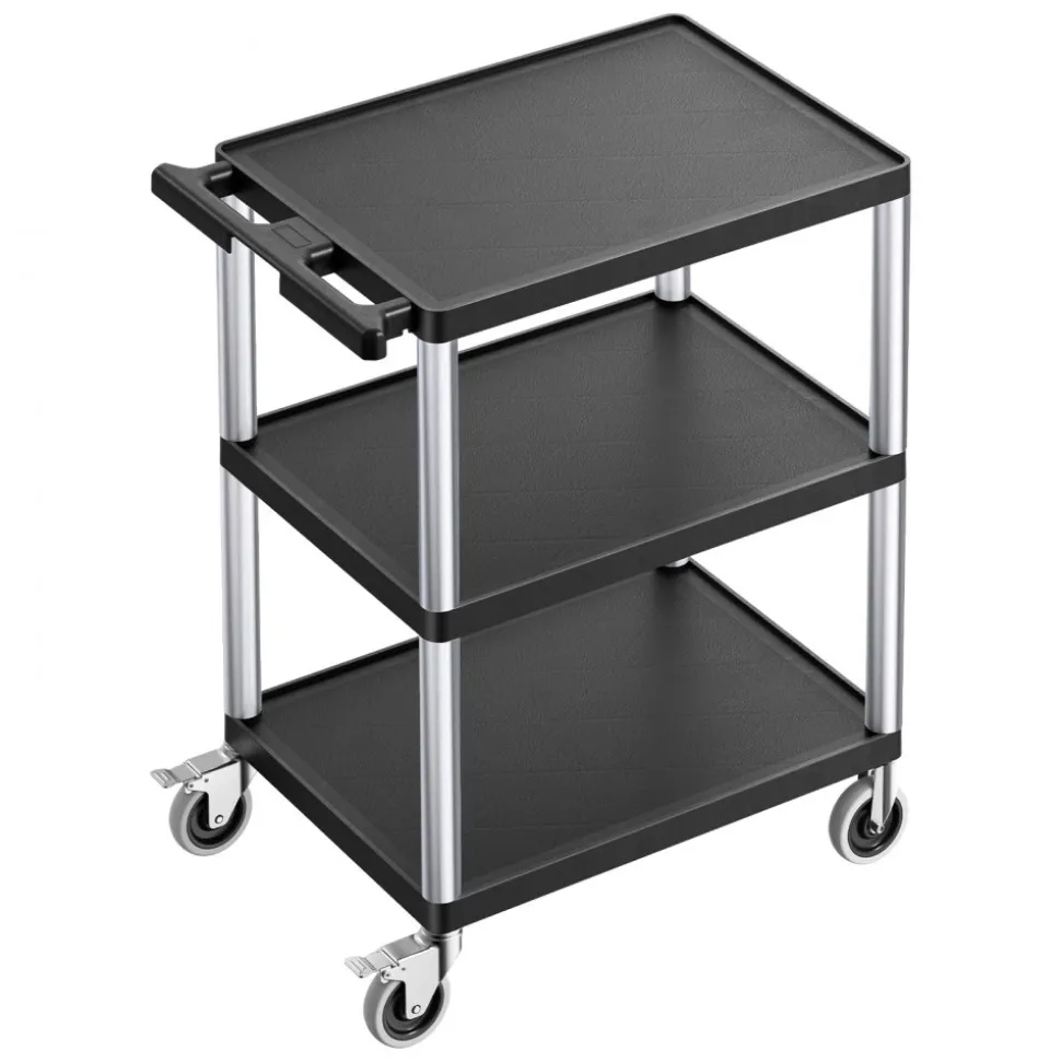 VEVOR Utility Cart, 300 lbs Load Capacity, 27.6 x 18.1-inch Service Cart, Three-Shelf Heavy Duty Plastic Utility Cart with 360° Swivel Wheels (2 with Brakes), Suitable for Warehouse, Garage, Cleaning