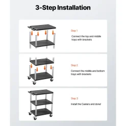VEVOR Utility Cart, 300 lbs Load Capacity, 27.6 x 18.1-inch Service Cart, Three-Shelf Heavy Duty Plastic Utility Cart with 360° Swivel Wheels (2 with Brakes), Suitable for Warehouse, Garage, Cleaning