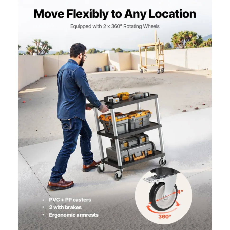 VEVOR Utility Cart, 300 lbs Load Capacity, 27.6 x 18.1-inch Service Cart, Three-Shelf Heavy Duty Plastic Utility Cart with 360° Swivel Wheels (2 with Brakes), Suitable for Warehouse, Garage, Cleaning