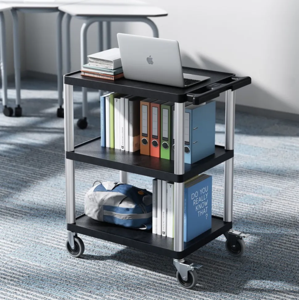 VEVOR Utility Cart, 300 lbs Load Capacity, 27.6 x 18.1-inch Service Cart, Three-Shelf Heavy Duty Plastic Utility Cart with 360° Swivel Wheels (2 with Brakes), Suitable for Warehouse, Garage, Cleaning