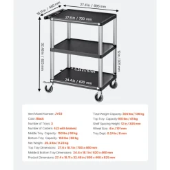 VEVOR Utility Cart, 300 lbs Load Capacity, 27.6 x 18.1-inch Service Cart, Three-Shelf Heavy Duty Plastic Utility Cart with 360° Swivel Wheels (2 with Brakes), Suitable for Warehouse, Garage, Cleaning