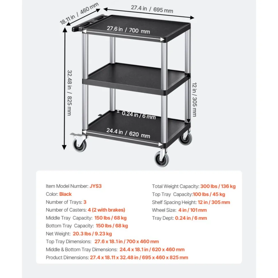 VEVOR Utility Cart, 300 lbs Load Capacity, 27.6 x 18.1-inch Service Cart, Three-Shelf Heavy Duty Plastic Utility Cart with 360° Swivel Wheels (2 with Brakes), Suitable for Warehouse, Garage, Cleaning