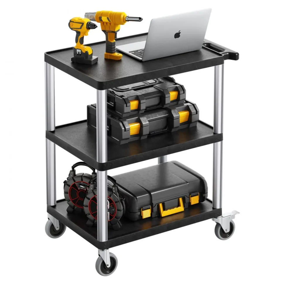 VEVOR Utility Cart, 300 lbs Load Capacity, 27.6 x 18.1-inch Service Cart, Three-Shelf Heavy Duty Plastic Utility Cart with 360° Swivel Wheels (2 with Brakes), Suitable for Warehouse, Garage, Cleaning