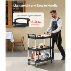 VEVOR Utility Cart, 300 lbs Load Capacity, 3-tier Utility Plastic Cart with 360° Swivel Wheels (2 with Brakes), 24.4 x 16.1-inch Food Service Cart for Warehouse, Office, Home, Restaurant, Kitchen