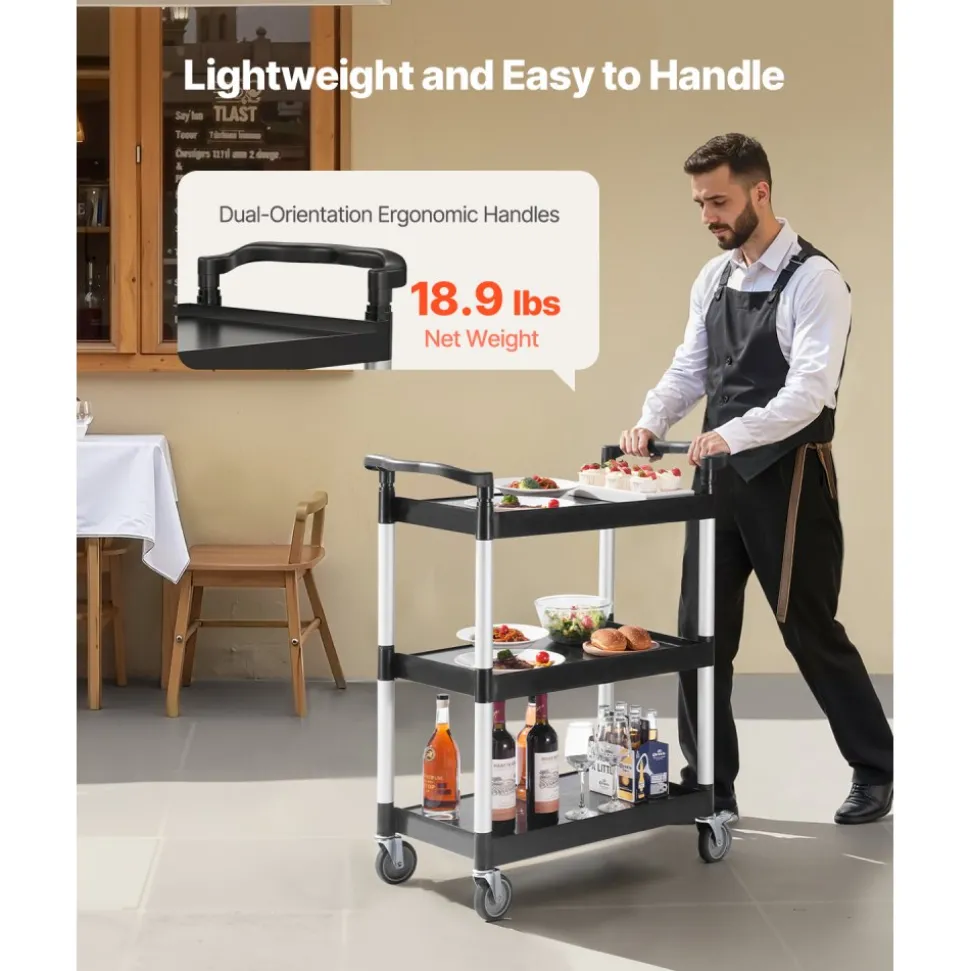 VEVOR Utility Cart, 300 lbs Load Capacity, 3-tier Utility Plastic Cart with 360° Swivel Wheels (2 with Brakes), 24.4 x 16.1-inch Food Service Cart for Warehouse, Office, Home, Restaurant, Kitchen