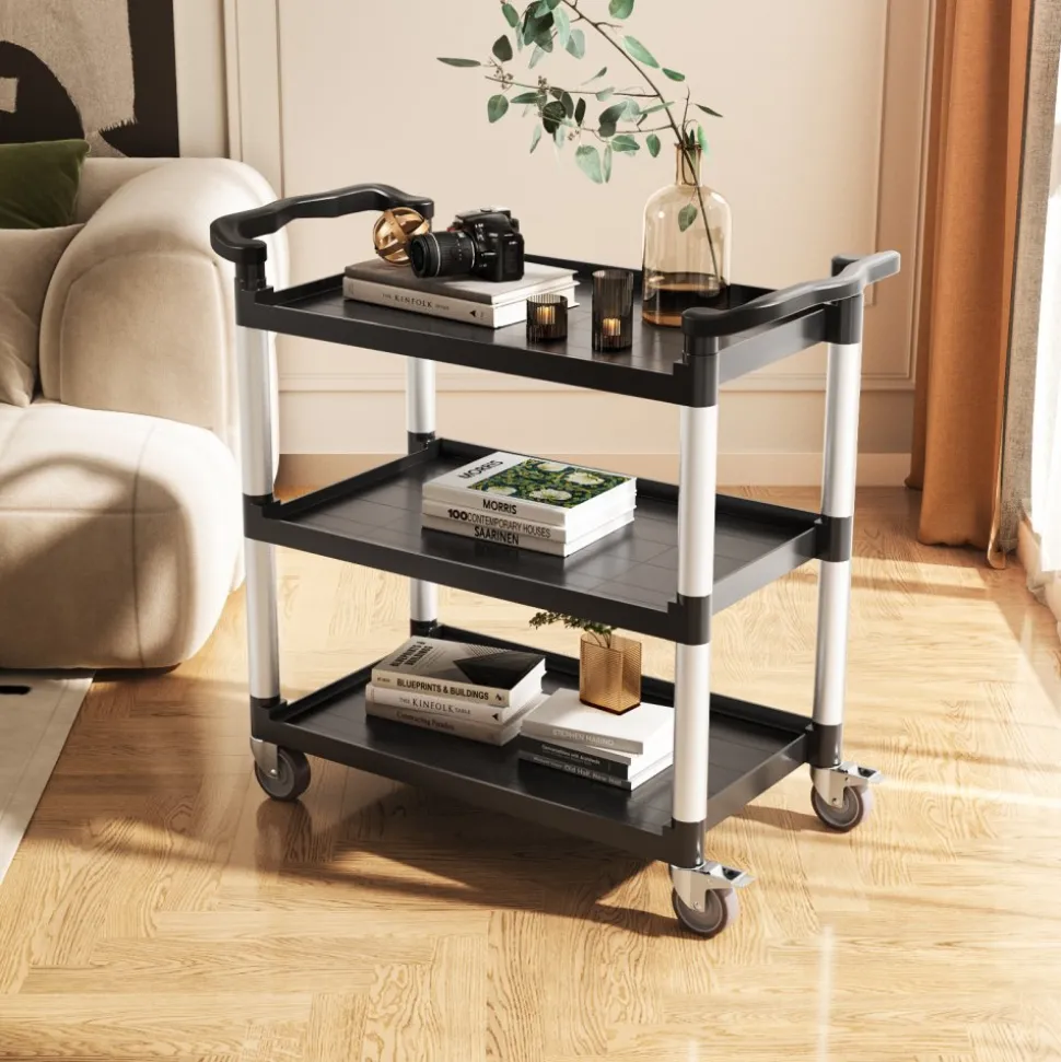 VEVOR Utility Cart, 300 lbs Load Capacity, 3-tier Utility Plastic Cart with 360° Swivel Wheels (2 with Brakes), 24.4 x 16.1-inch Food Service Cart for Warehouse, Office, Home, Restaurant, Kitchen