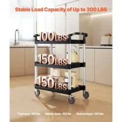 VEVOR Utility Cart, 300 lbs Load Capacity, 3-tier Utility Plastic Cart with 360° Swivel Wheels (2 with Brakes), 24.4 x 16.1-inch Food Service Cart for Warehouse, Office, Home, Restaurant, Kitchen