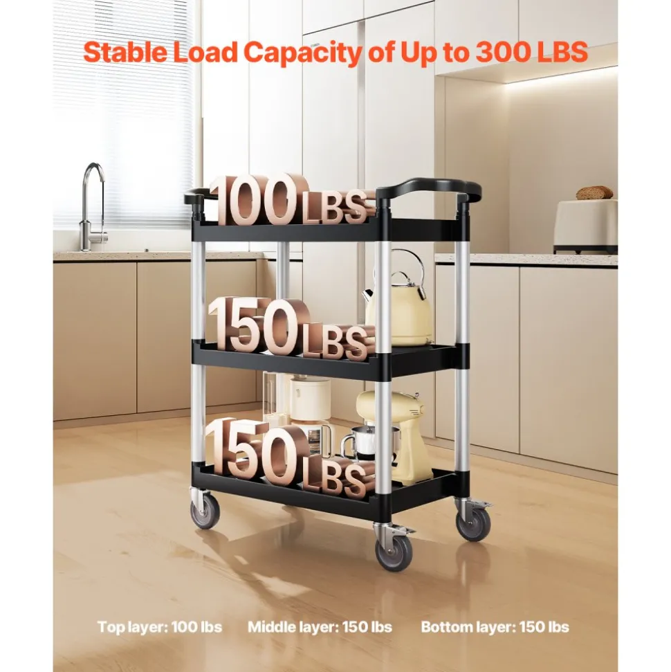 VEVOR Utility Cart, 300 lbs Load Capacity, 3-tier Utility Plastic Cart with 360° Swivel Wheels (2 with Brakes), 24.4 x 16.1-inch Food Service Cart for Warehouse, Office, Home, Restaurant, Kitchen