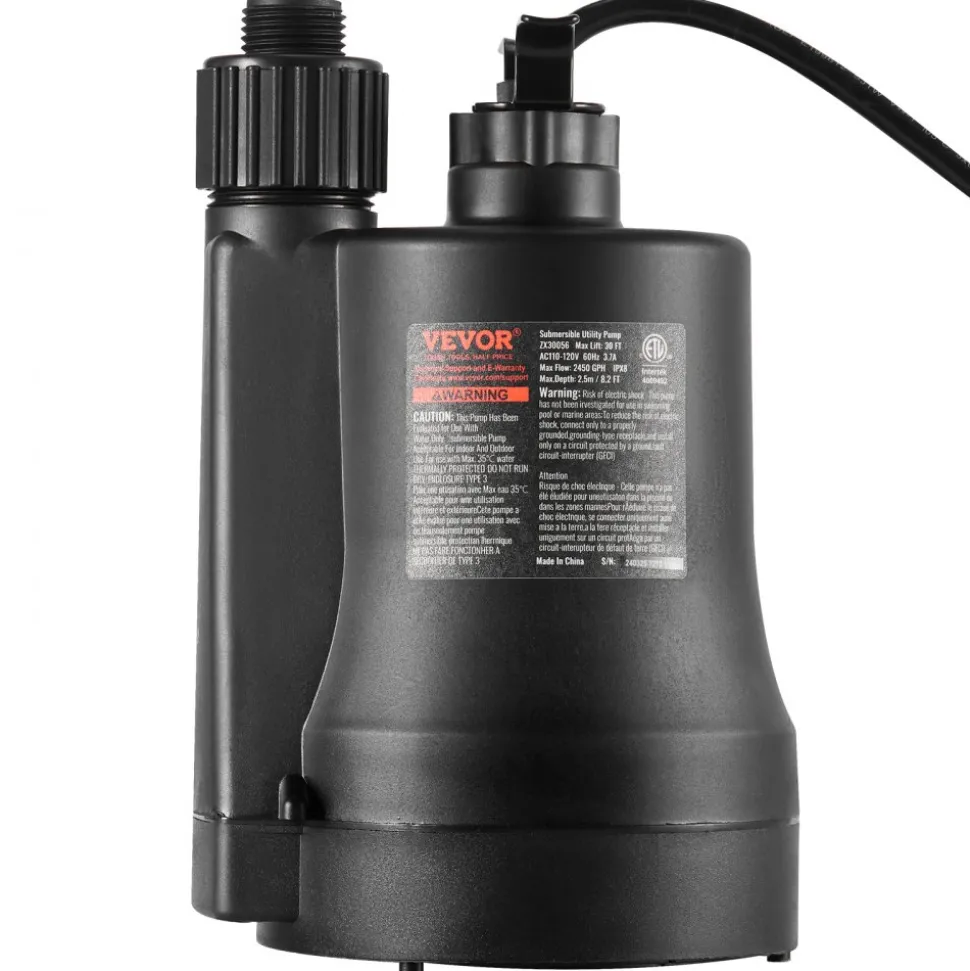 VEVOR Utility Pump, 1/3 HP, 2450 GPH High Flow, 30 ft Head, Sump Pump Submersible Water Pump Portable Utility Pump with 10 ft Long Power Cord for Draining Water from Swimming Pool Garden Pond Basement