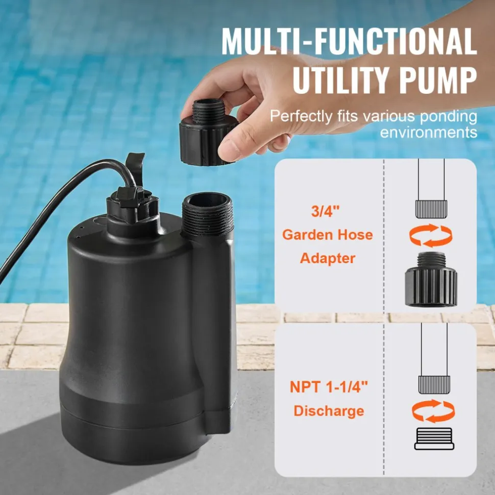 VEVOR Utility Pump, 1/3 HP, 2450 GPH High Flow, 30 ft Head, Sump Pump Submersible Water Pump Portable Utility Pump with 10 ft Long Power Cord for Draining Water from Swimming Pool Garden Pond Basement
