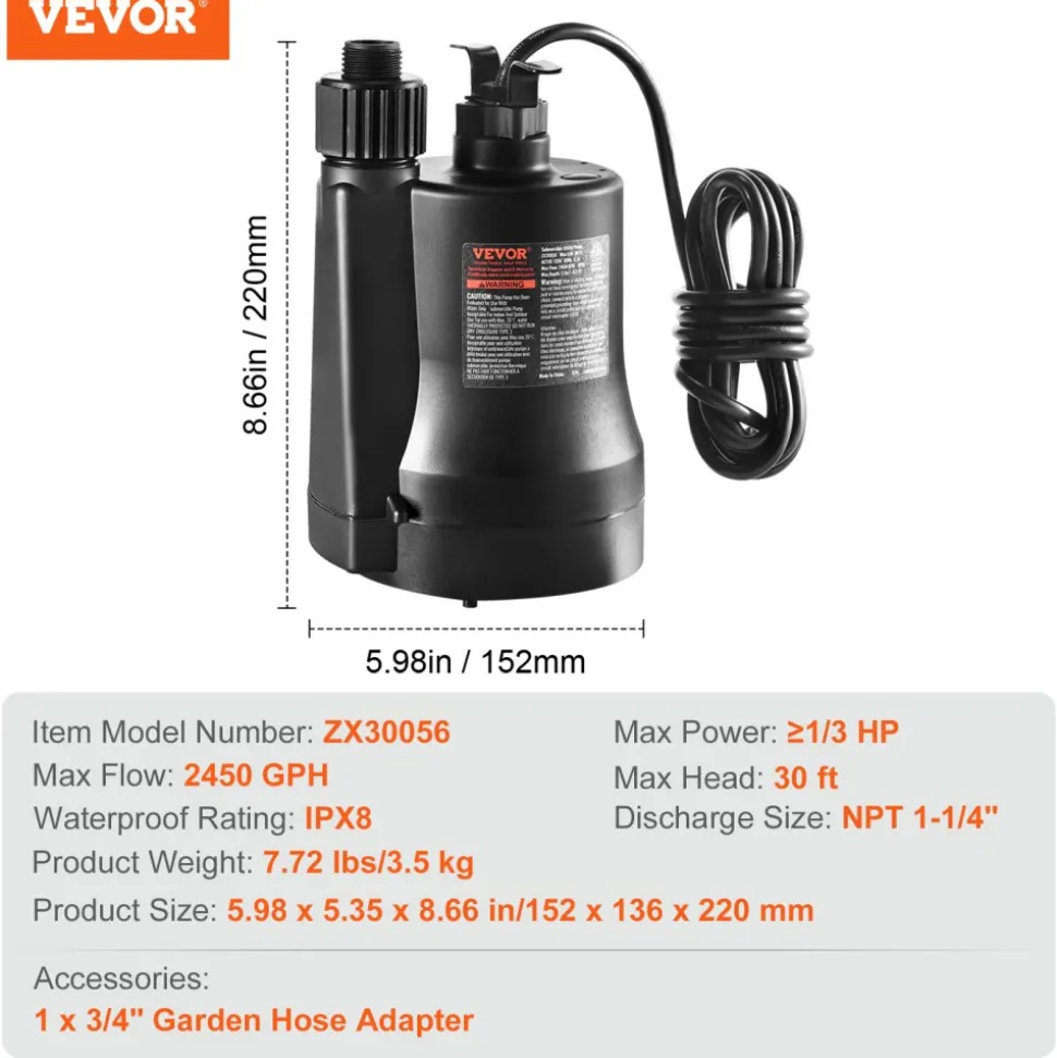 VEVOR Utility Pump, 1/3 HP, 2450 GPH High Flow, 30 ft Head, Sump Pump Submersible Water Pump Portable Utility Pump with 10 ft Long Power Cord for Draining Water from Swimming Pool Garden Pond Basement