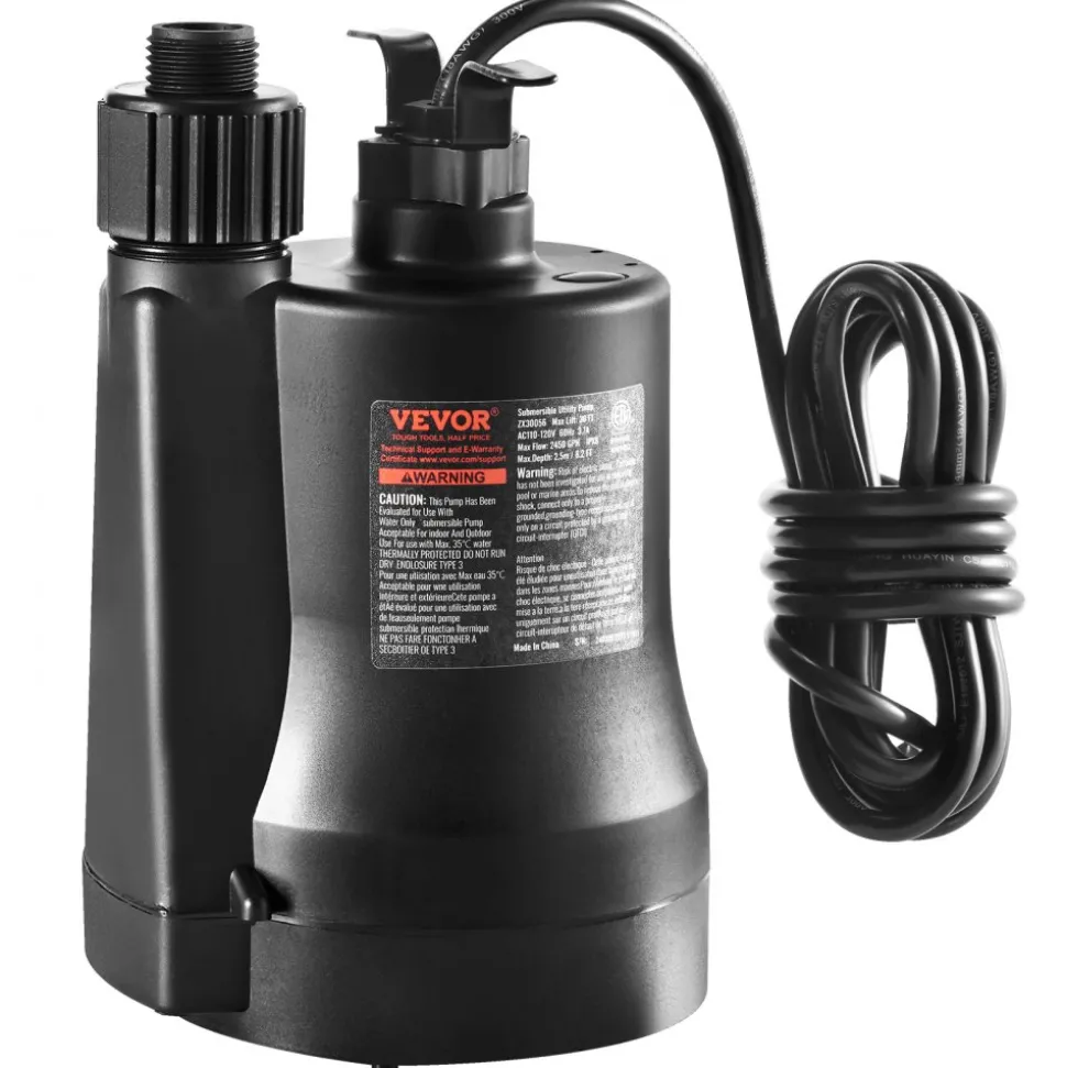 VEVOR Utility Pump, 1/3 HP, 2450 GPH High Flow, 30 ft Head, Sump Pump Submersible Water Pump Portable Utility Pump with 10 ft Long Power Cord for Draining Water from Swimming Pool Garden Pond Basement