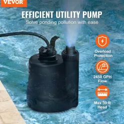 VEVOR Utility Pump, 1/3 HP, 2450 GPH High Flow, 30 ft Head, Sump Pump Submersible Water Pump Portable Utility Pump with 10 ft Long Power Cord for Draining Water from Swimming Pool Garden Pond Basement