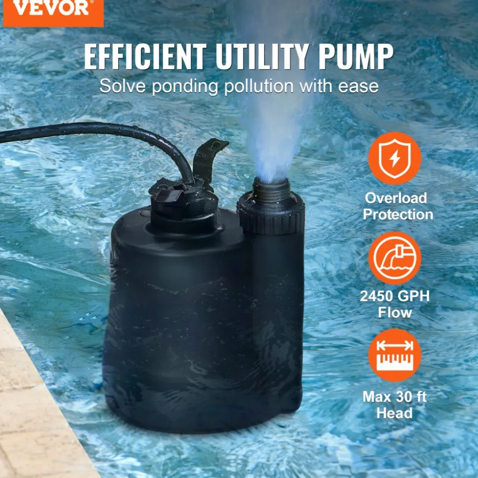VEVOR Utility Pump, 1/3 HP, 2450 GPH High Flow, 30 ft Head, Sump Pump Submersible Water Pump Portable Utility Pump with 10 ft Long Power Cord for Draining Water from Swimming Pool Garden Pond Basement