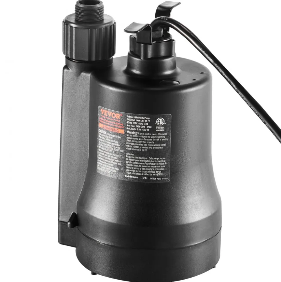 VEVOR Utility Pump, 1/3 HP, 2450 GPH High Flow, 30 ft Head, Sump Pump Submersible Water Pump Portable Utility Pump with 10 ft Long Power Cord for Draining Water from Swimming Pool Garden Pond Basement